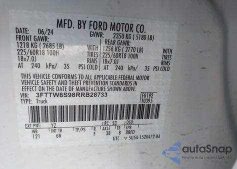 2024 Ford Maverick Lariat z USA, uszkodzony, nr VIN 3FTTW8S98RRB28733